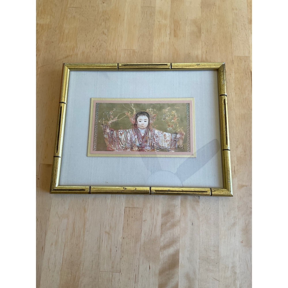 Edna Hibel Framed Lithograph Art Gold Faux Bamboo Frame Asian Child Portrait